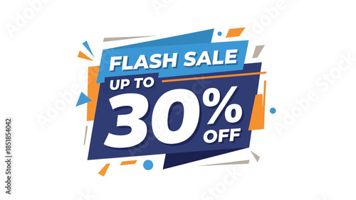 A vibrant graphic banner advertising a flash sale with up to 30% off, featuring bold typography and dynamic abstract shapes in blue and orange.