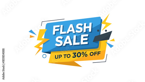 A vibrant blue and yellow flash sale banner with lightning bolts and "UP TO 30% OFF" text, perfect for promotions.