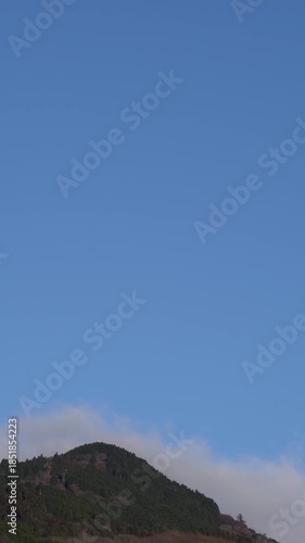 Winter peak of Mount Hiei in Kyoto with flowing clouds, blue sky, and flying bird; Vertical; Video