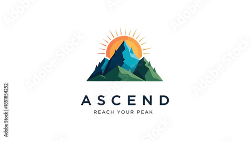 Inspiring mountain peak logo with rising sun symbolizing achievement and success