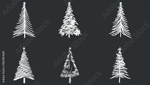 Hand Drawn Christmas Tree Sketches, Set of Red Ink Festive Doodles