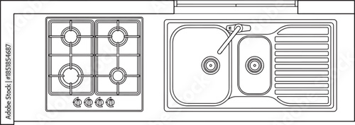 An overhead view shows the layout of a modern kitchen, with a gas hob on the left and a sink unit on the right. Simple design features, a seamless workspace, showcasing a clean, functional space.