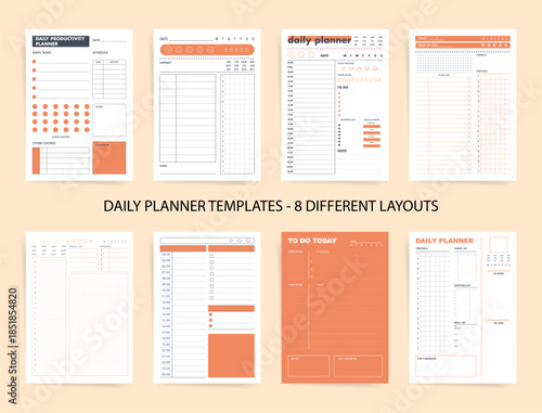 Daily planner templates bundle with 8 different layouts: schedule timetable, to do checklist, mood habit trackers, budget expenses, meals and water logs, notes. Minimal printable vector pages.