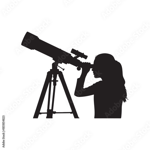 Girl looking through telescope silhouette vector flat illustration on white background
