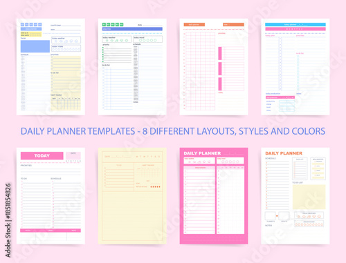 Daily planner templates bundle with 8 layouts, styles and colors: schedule time block, to do checklist, priorities, notes, mood weather and hydration trackers. Pastel minimal printable vector pages.