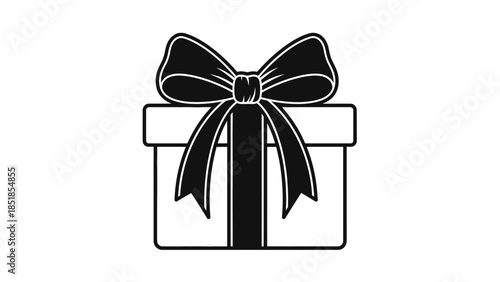 Black and white illustration of a gift box with a decorative bow, perfect for celebrations and special occasions.