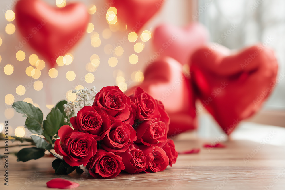 Fototapeta premium valentine's day background with a bouquet of red roses and heart-shaped balloons on the table, with copy space for text and bokeh lights. valentine's day concept. Background, mockup for Valentine’s da