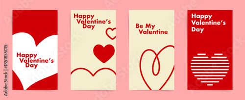 Minimal Valentine’s Day vertical banners in red and beige with simple typography, abstract hearts and line art. Clean poster and social media story templates for greeting, sale, invitation.