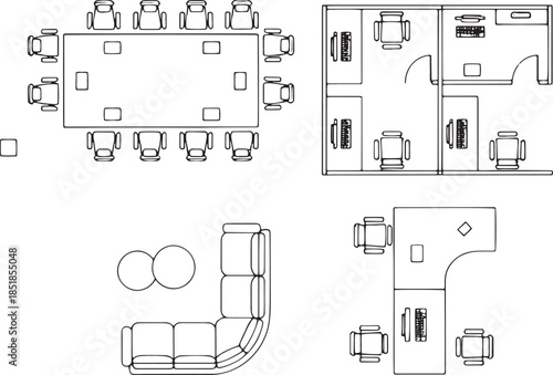 Architectural layouts showcase various workspace designs, including a rectangular conference table with surrounding chairs, paired with office, individual desks, and seating arrangements.