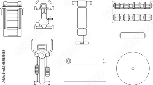 A comprehensive illustration of diverse exercise equipment, expertly sketched to highlight the precise contours and intricate designs, inviting viewers to explore fitness, strength training.