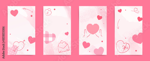 Valentine vertical banner templates with patterned hearts, hand drawn doodles and soft pastel texture. Romantic pink story backgrounds for social media, cards and promo layout vector set
