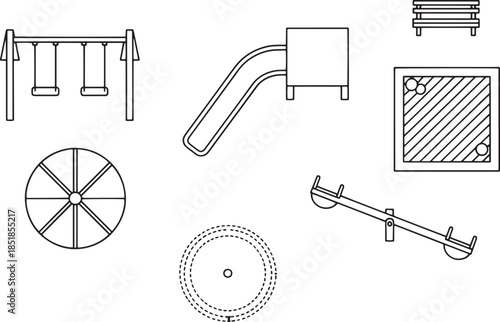 A collection of playground equipment with detailed line drawings, perfect for educational or illustrative purposes. 