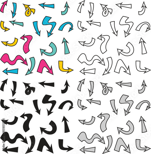 Hand Drawn Cartoon Arrows Vector Set - Colorful, Black, and Outline Collection