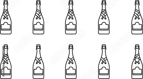 Seamless pattern of black outline champagne bottles arranged in two horizontal rows on a white background