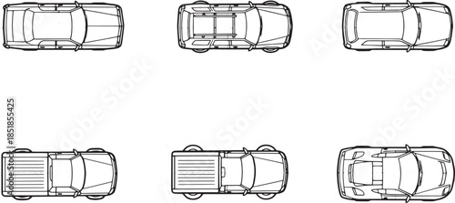Top-down view of six distinct car types, showcasing a variety of vehicle designs and transportation options. 