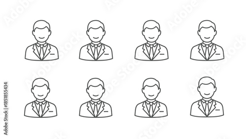 Set of eight simple black and white line icons representing professional businessmen or corporate team members in suits