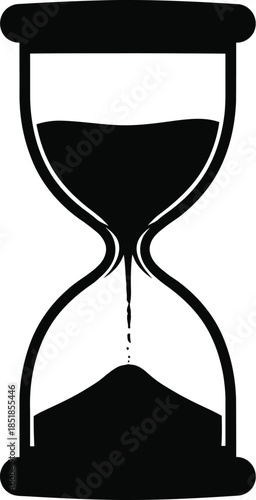 Simple black and white graphic illustration of an hourglass measuring the passage of time in a minimalist style