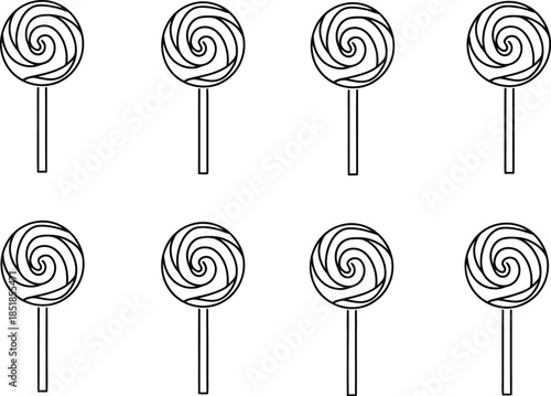 Eight black and white line art illustrations of round swirl lollipops displayed in two rows for coloring or design