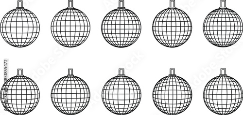Ten black and white outline icons representing classic disco balls or party ornaments arranged in two horizontal rows