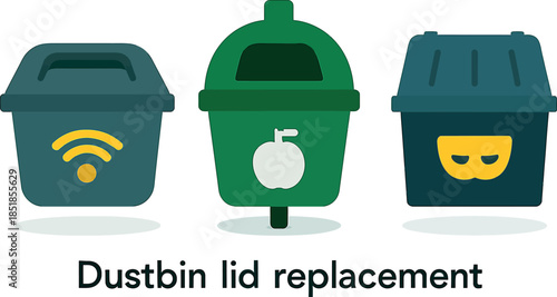 Three colorful dustbin lids replacement icons illustration