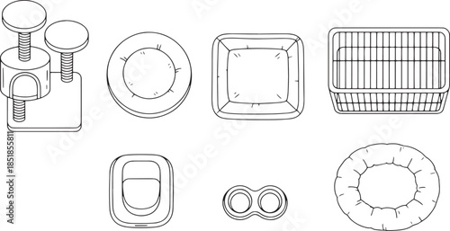 A collection of cat accessories in line drawing style, including a cat tree, a pet bed and a food bowl, all essential elements for domestic feline life.