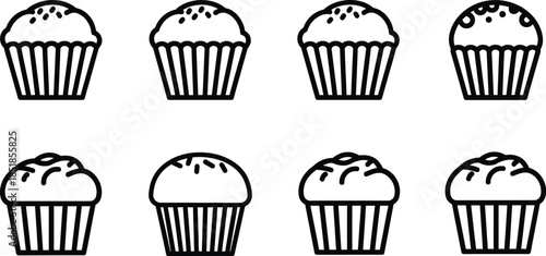 Collection of eight black and white outline icons representing various styles of freshly baked muffins or cupcakes perfect for baking projects