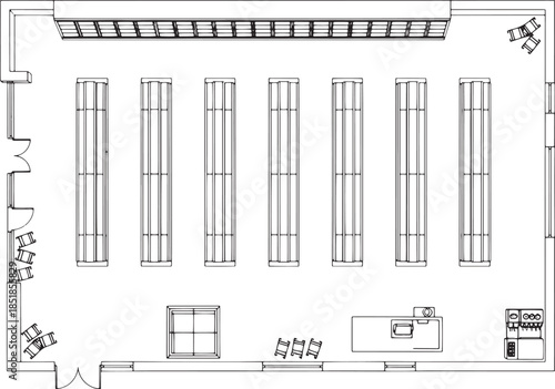 A detailed top-down view of a retail interior layout showcasing clean lines and organized shelves, ideal for showcasing product placement and spatial design.