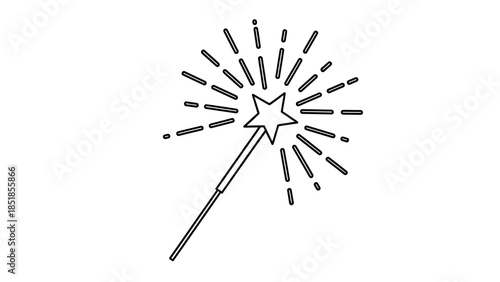 Magic wand with star and sparkles, simple black and white line art illustration.