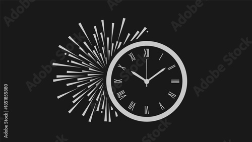 Clock with Roman numerals and exploding fireworks on a dark background, symbolizing time and celebration.