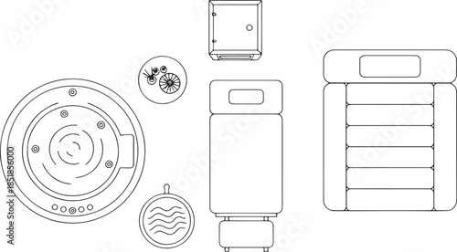 Line art illustrations depict various components of a jacuzzi, offering a clear and detailed view of each part and its unique functionality.