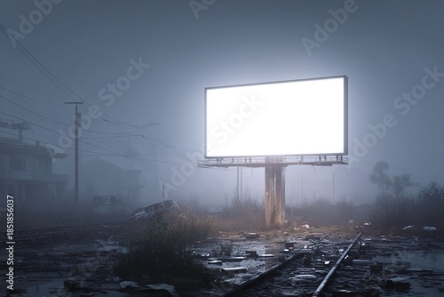 Empty glowing billboard in an abandoned railway yard with fog