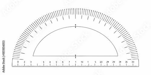 A detailed illustration of a protractor with markings and a ruler scale