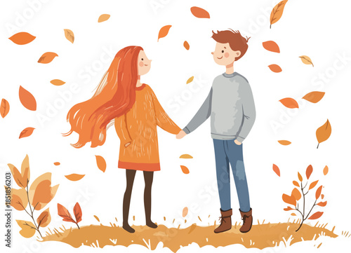 A romantic wedding illustration featuring a cartoon bride and groom sharing a kiss surrounded by flowers and a heart design for a holiday card