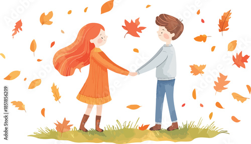 A happy cartoon woman and her child enjoy a fun autumn day in nature, featuring a vector illustration of a mother and daughter surrounded by trees, grass, and flowers under a bright sun