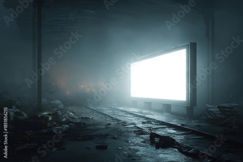 Bright empty billboard inside a dark abandoned tunnel with debris