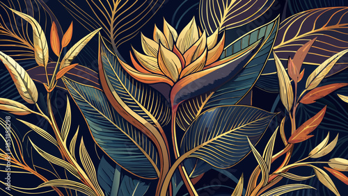 Very beautiful dark art background with hand drawn bird of paradise flowers accented by refined gold line elements, designed as a sophisticated botanical banner for decor and interior surfaces.