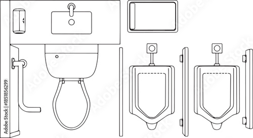 A meticulously crafted technical illustration reveals the components of a public restroom: a clean, minimalist design intended for technical or architectural purposes.