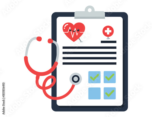 Medical clipboard with a cute smiling heart character, stethoscope, and checkmarks, vector illustration for pediatric heart health and cardiology.