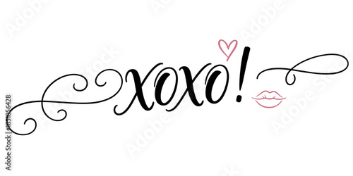 "XOXO!" in a playful handwritten style, adorned with swirls and a kiss mark, perfect for Valentine's Day.. Handwritten "XOXO!" design with decorative swirls and kiss mark. 