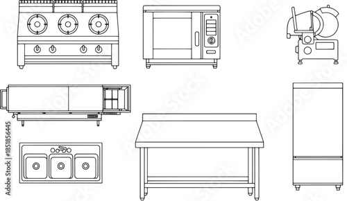 Line art of commercial kitchen equipment, with a clean and illustrative style. It is ready for your specific kitchen-related needs.