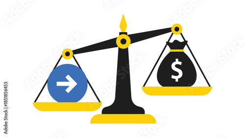 Scales of justice balancing a blue arrow and a money bag icon, vector illustration for financial balance, investment return, and economic equity.