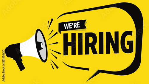 We're Hiring professional recruitment banner with megaphone and yellow speech bubble, vector illustration for business job advertisements and HR.