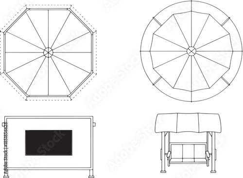 Detailed architectural blueprints reveal the intricate design of a gazebo, featuring precise lines, geometric shapes, and various perspectives that provide an informative depiction.