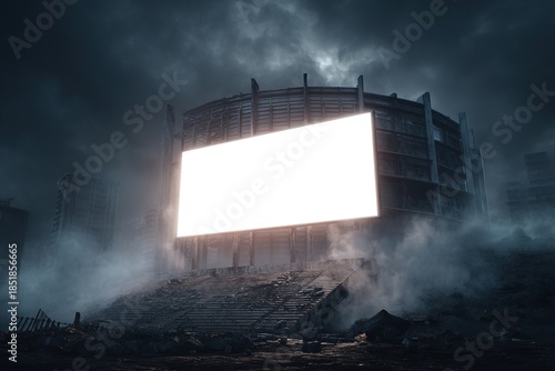 Large glowing billboard mounted on a ruined stadium structure in heavy fog