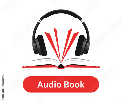 Audio Book Concept with Headphones and Open Book Icon for Digital Library and Online Learning