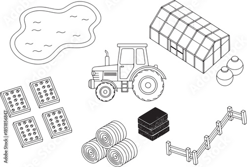 An isometric view agricultural farm set. composed of various elements related to farming, like a tractor, greenhouse, pond, hay bales, and fencing. designed in clean lines.