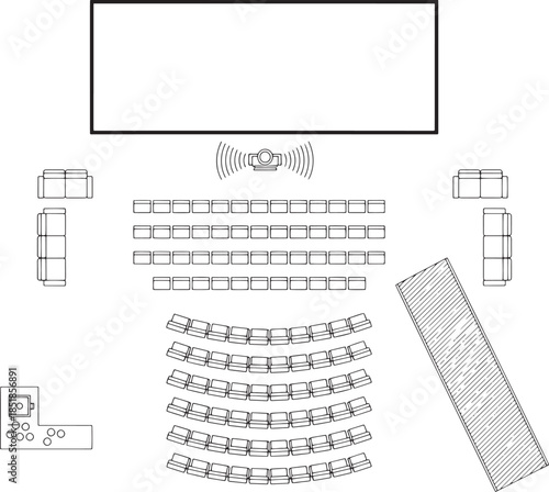 An illustrative top-down layout of a modern cinema or theater auditorium, showcasing rows of seating, a projector screen, and a stage or platform.