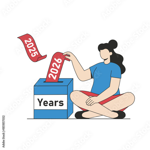 Illustration of a Woman Taking Out a Piece of Red Paper with “2026” Written on it from Blue Box Labeled Years—Flat Vector of New Year 2026 Edition.
