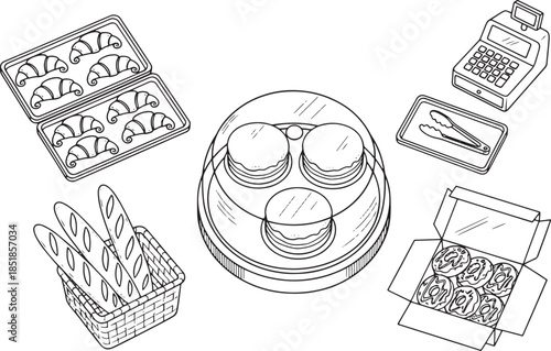 A detailed line drawing presents a bakery counter, filled with fresh pastries. A tray of croissants, baguettes.