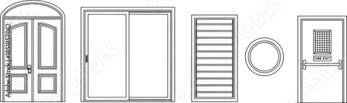 An architect's monochrome sketch showcases a range of architectural doors and windows. From classic arch-topped doors to modern sliding glass panels, the drawing offers a study in architectural style.